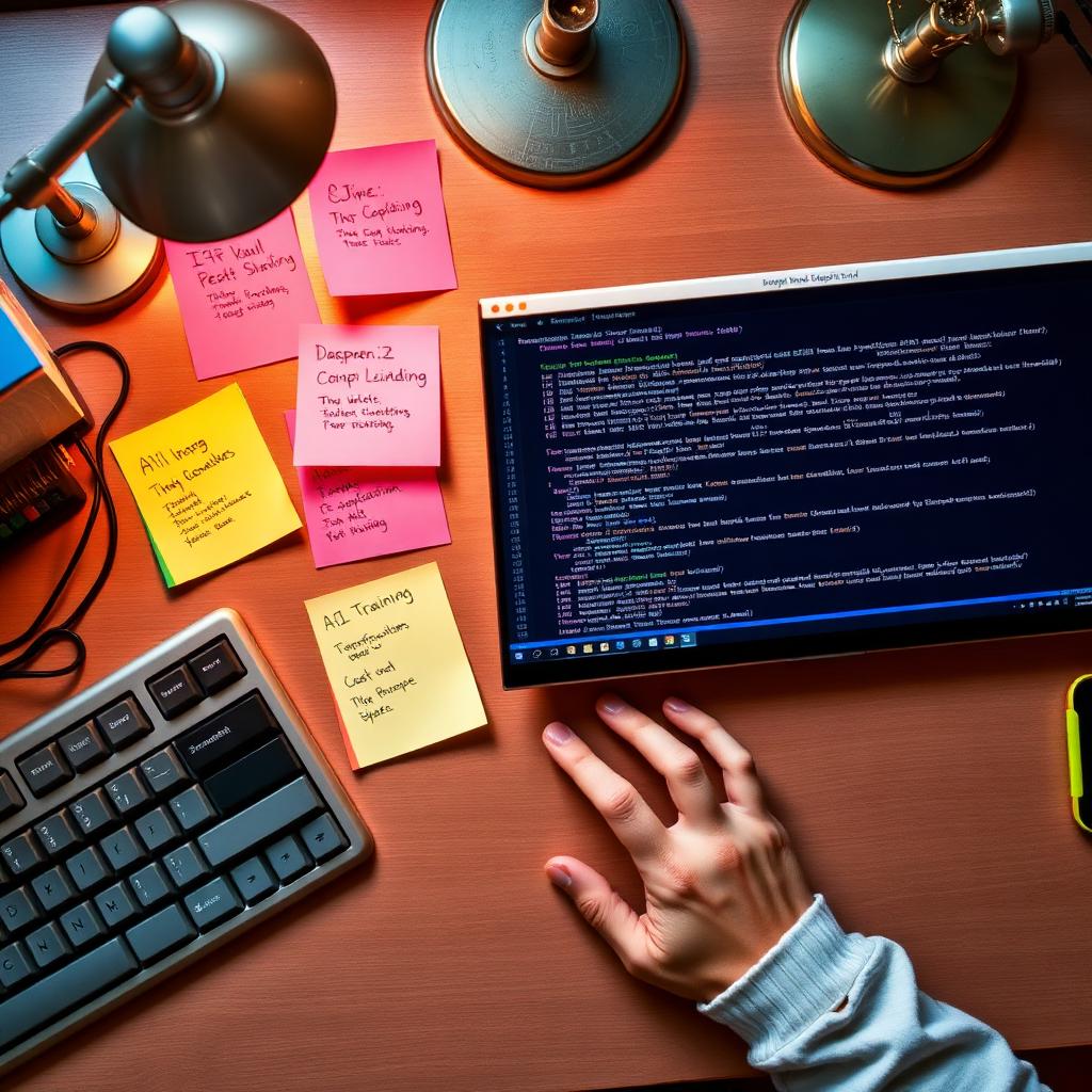 An overhead view of a coding workstation with sticky notes and terminal output